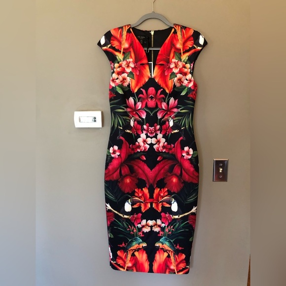 NWT TED BAKER •Rare• Bismii Tropical Toucan Midi Dress Ted Sz 4 - US 10 - Picture 6 of 15